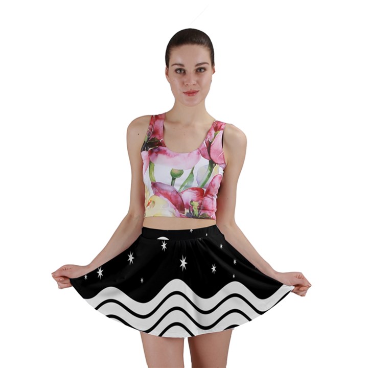 Black And White Waves And Stars Abstract Backdrop Clipart Mini Skirt