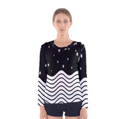 Black And White Waves And Stars Abstract Backdrop Clipart Women s Long Sleeve Tee