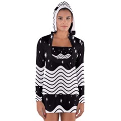 Black And White Waves And Stars Abstract Backdrop Clipart Women s Long Sleeve Hooded T-shirt by Simbadda