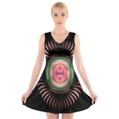 Fractal Plate Like Image In Pink Green And Other Colours V-neck Sleeveless Skater Dress by Simbadda