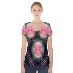 Fractal Plate Like Image In Pink Green And Other Colours Short Sleeve Front Detail Top by Simbadda