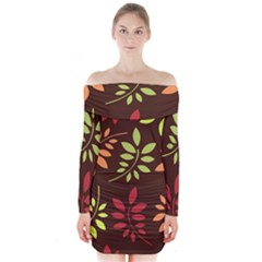 Leaves Wallpaper Pattern Seamless Autumn Colors Leaf Background Long Sleeve Off Shoulder Dress by Simbadda