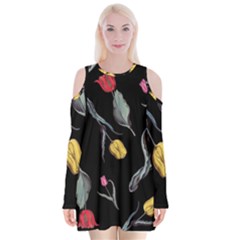 Colorful Tulip Wallpaper Pattern Background Pattern Wallpaper Velvet Long Sleeve Shoulder Cutout Dress by Simbadda