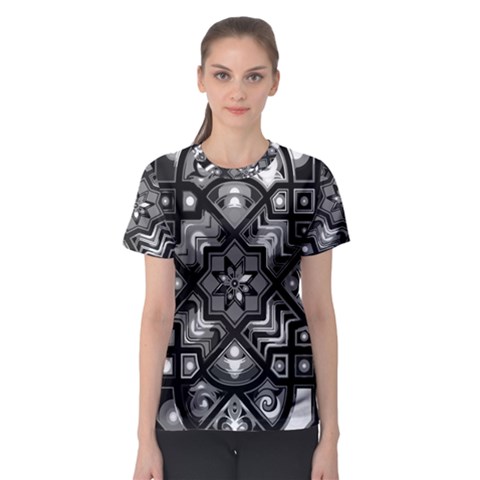 Geometric Line Art Background In Black And White Women s Sport Mesh Tee by Simbadda