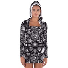 Geometric Line Art Background In Black And White Women s Long Sleeve Hooded T-shirt by Simbadda