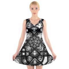 Geometric Line Art Background In Black And White V-neck Sleeveless Skater Dress by Simbadda