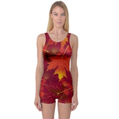 Autumn Leaves Fall Maple One Piece Boyleg Swimsuit by Simbadda