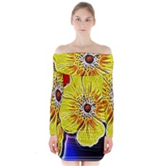 Beautiful Fractal Flower In 3d Glass Frame Long Sleeve Off Shoulder Dress by Simbadda