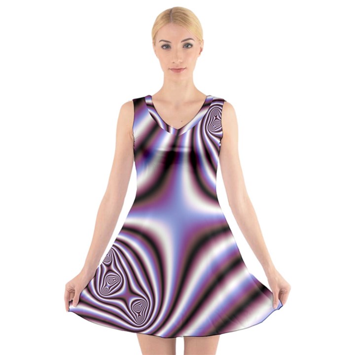 Fractal Background With Curves Created From Checkboard V-Neck Sleeveless Skater Dress