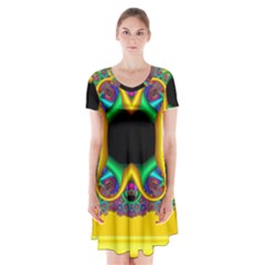 Fractal Rings In 3d Glass Frame Short Sleeve V-neck Flare Dress by Simbadda