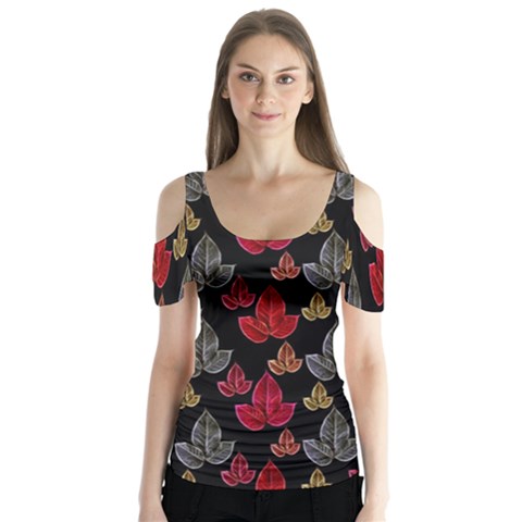 Leaves Pattern Background Butterfly Sleeve Cutout Tee  by Simbadda