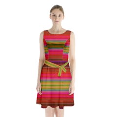 Fiestal Stripe Bright Colorful Neon Stripes Background Sleeveless Chiffon Waist Tie Dress by Simbadda