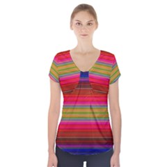 Fiestal Stripe Bright Colorful Neon Stripes Background Short Sleeve Front Detail Top by Simbadda