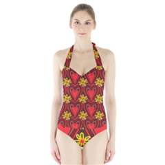 Digitally Created Seamless Love Heart Pattern Tile Halter Swimsuit by Simbadda