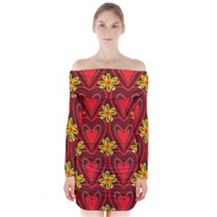 Digitally Created Seamless Love Heart Pattern Tile Long Sleeve Off Shoulder Dress by Simbadda