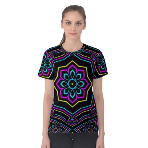 Cyan Yellow Magenta Kaleidoscope Women s Cotton Tee by Simbadda