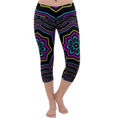 Cyan Yellow Magenta Kaleidoscope Capri Yoga Leggings by Simbadda