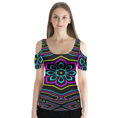 Cyan Yellow Magenta Kaleidoscope Butterfly Sleeve Cutout Tee  by Simbadda