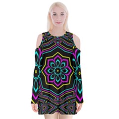 Cyan Yellow Magenta Kaleidoscope Velvet Long Sleeve Shoulder Cutout Dress by Simbadda