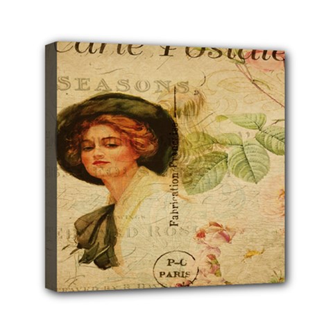 Lady On Vintage Postcard Vintage Floral French Postcard With Face Of Glamorous Woman Illustration Mini Canvas 6  X 6  by Simbadda