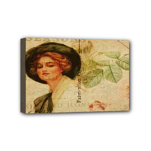 Lady On Vintage Postcard Vintage Floral French Postcard With Face Of Glamorous Woman Illustration Mini Canvas 6  X 4  by Simbadda