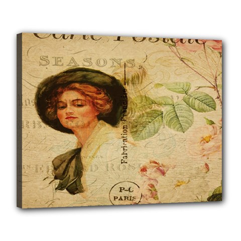 Lady On Vintage Postcard Vintage Floral French Postcard With Face Of Glamorous Woman Illustration Canvas 20  X 16  by Simbadda