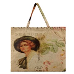 Lady On Vintage Postcard Vintage Floral French Postcard With Face Of Glamorous Woman Illustration Zipper Large Tote Bag by Simbadda