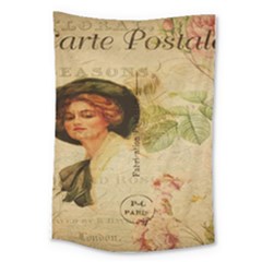 Lady On Vintage Postcard Vintage Floral French Postcard With Face Of Glamorous Woman Illustration Large Tapestry by Simbadda