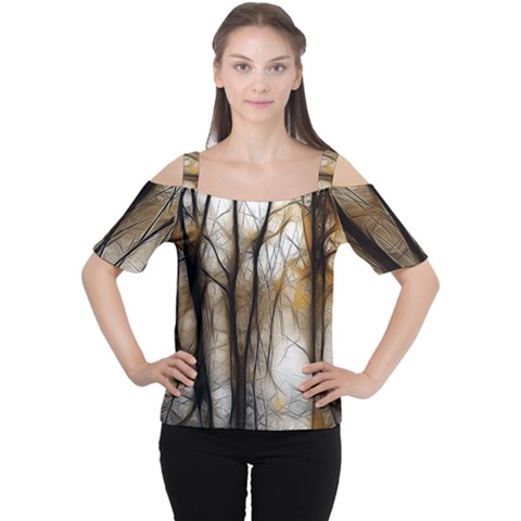 Fall Forest Artistic Background Women s Cutout Shoulder Tee by Simbadda