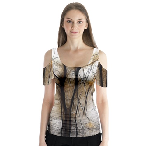 Fall Forest Artistic Background Butterfly Sleeve Cutout Tee  by Simbadda