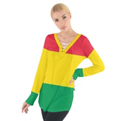 Rasta Colors Red Yellow Gld Green Stripes Pattern Ethiopia Women s Tie Up Tee by yoursparklingshop