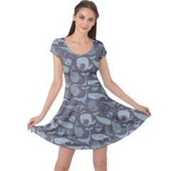 Blue Cute Doodle Blue Whales Marine Seamless Cap Sleeve Dress by CoolDesigns