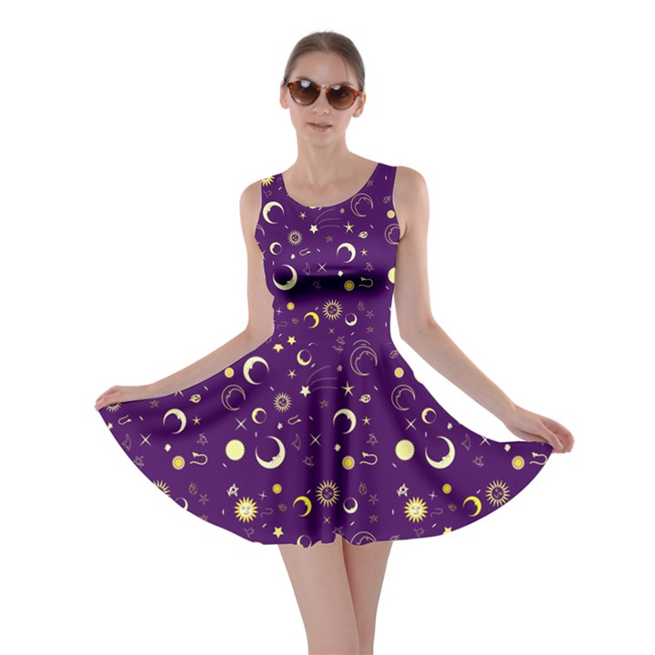 Purple Fun Night Sky the Moon and Stars Skater Dress