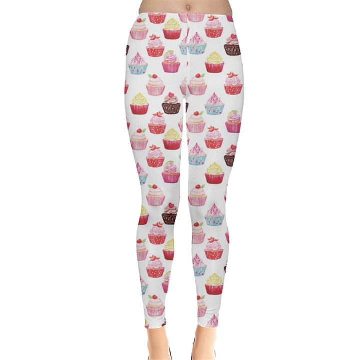 Pink Watercolor Cupcakes Pattern Hand Drawn Women s Leggings