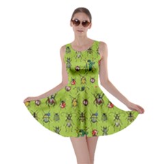 Neon Green Pattern With Watercolor Beetles Skater Dress 