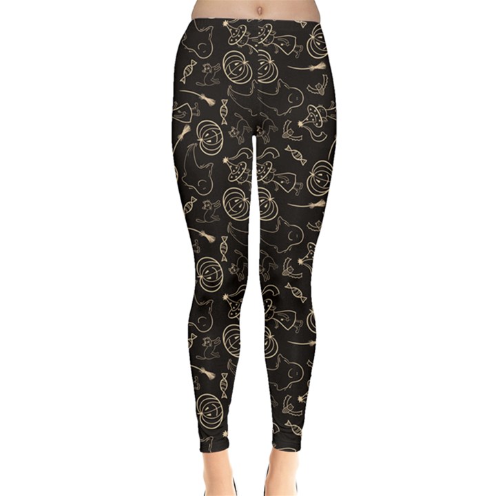 Black Halloween Pattern with Smiling Ghost Pumpkin Witch Women s Leggings