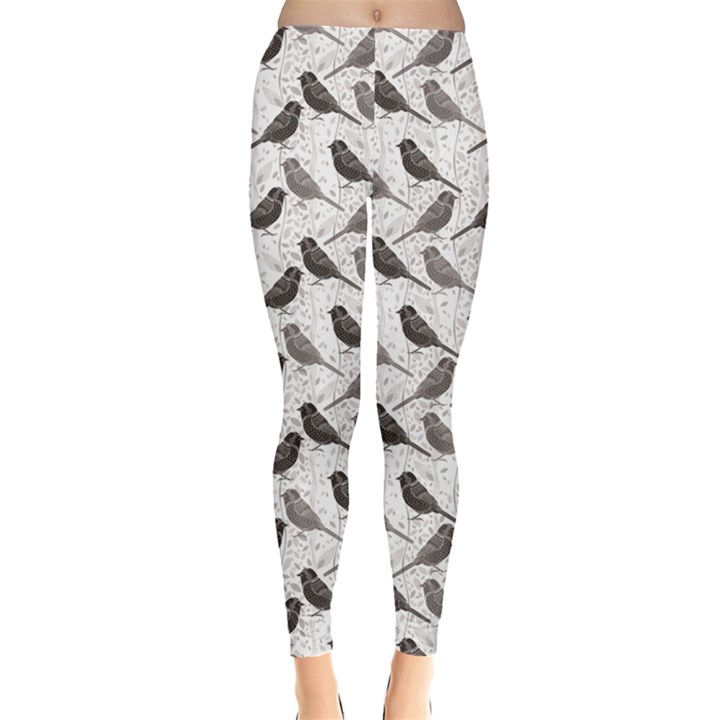 Gray Floral Pattern With Birds Leggings