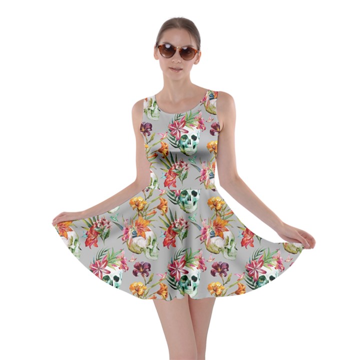 Light Gray Skull and Flowers Pattern Skater Dress