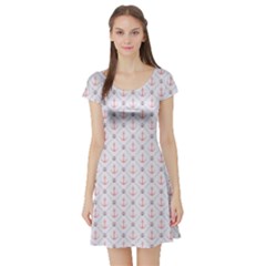 Gray Retro Pattern Polka Dot With Anchors Short Sleeve Skater Dress