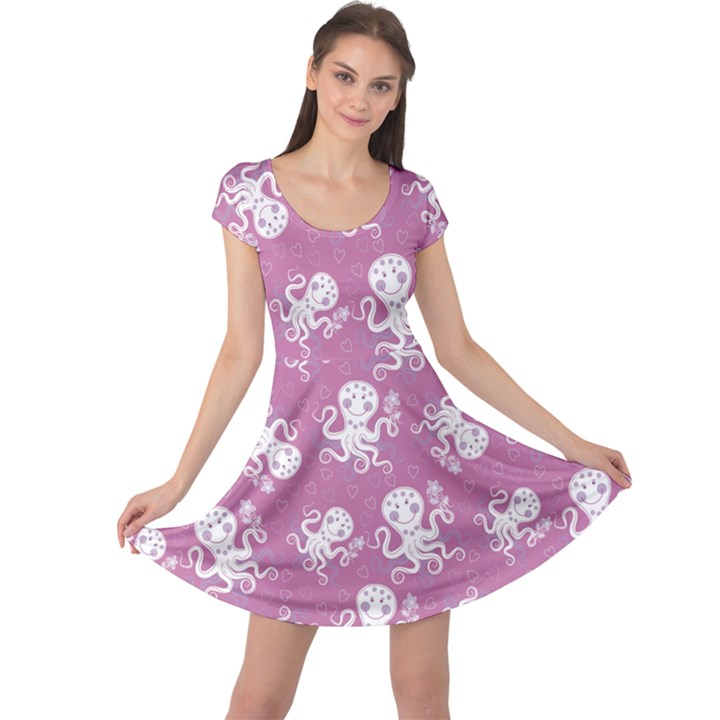 Purple Cute Octopus Stylish Design Cap Sleeve Dress