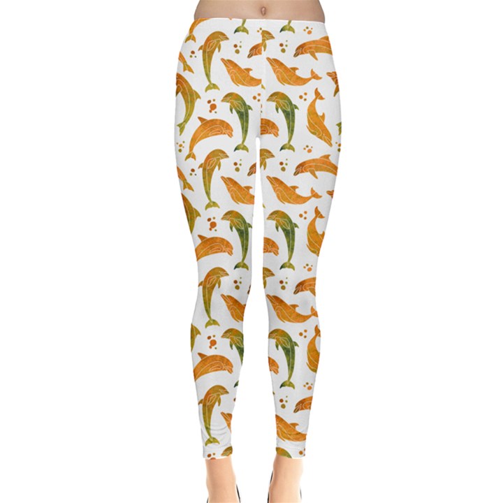 Orange Watercolor Dolphins Pattern Leggings