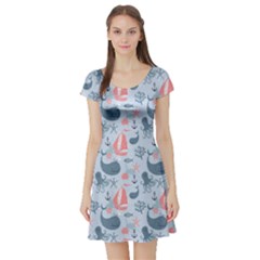 Blue Pattern With Cute Whales Sailing Octopus Short Sleeve Skater Dress