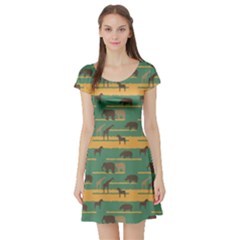 Green Pattern With African Animals Silhouettes Short Sleeve Skater Dress