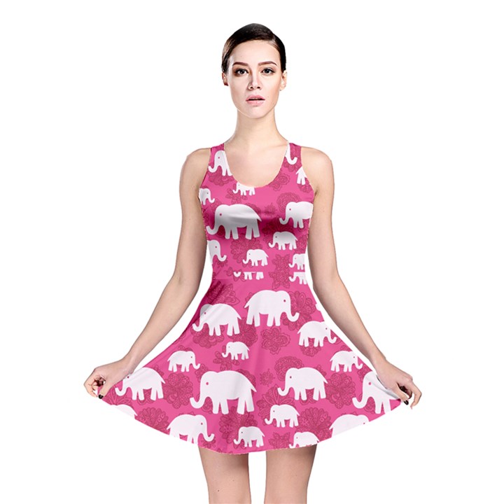 Pink Floral and Elephants Pattern Design Reversible Skater Dress