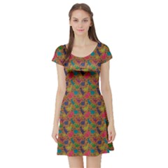 Brown Dinosaur Tileable Pattern Short Sleeve Skater Dress