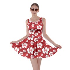 Red Pattern Hibiscus Flowers On Red Skater Dress by CoolDesigns