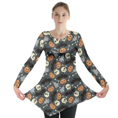 Colorful Halloween Pattern With Pumkins Bats And Skulls Long Sleeve Tunic Top