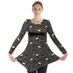 Black Beautiful Musical Pattern Music Notes And Piano Keyboard Long Sleeve Tunic Top