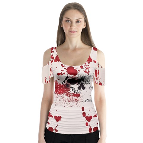 Skull Blood Beige Halloween V2 Butterfly Sleeve Cutout Tee by CoolDesigns