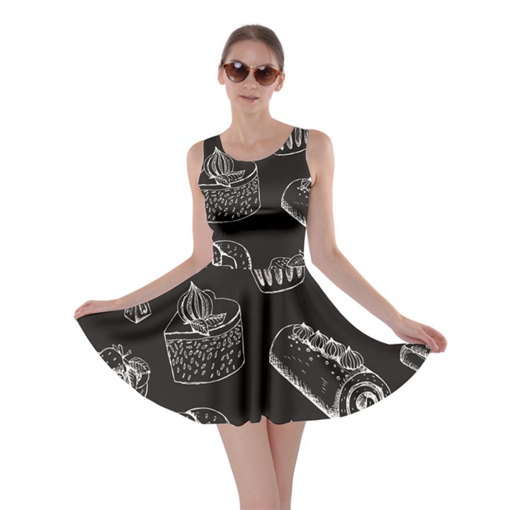 Black Sweet Pastries on Chalkboard Illustration Skater Dress